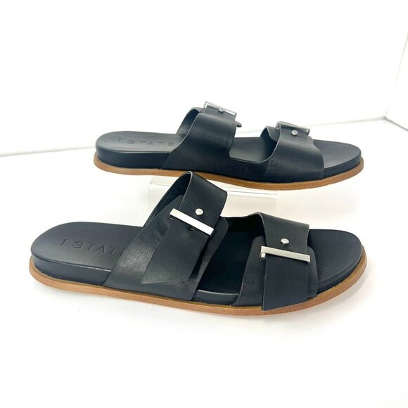 Sz 8.5 - 1.State Women's Ocel Black Leather Dual Buckle Strap Slip On Sandal - Picture 1 of 10